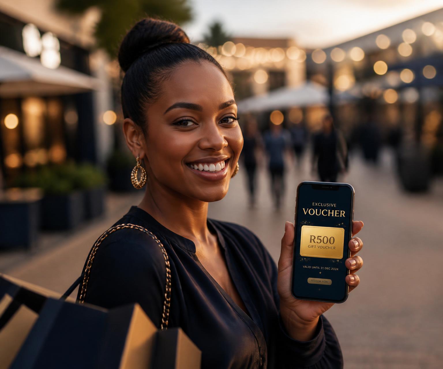A shopper holding her phone displaying a gold Senepe voucher at golden hour